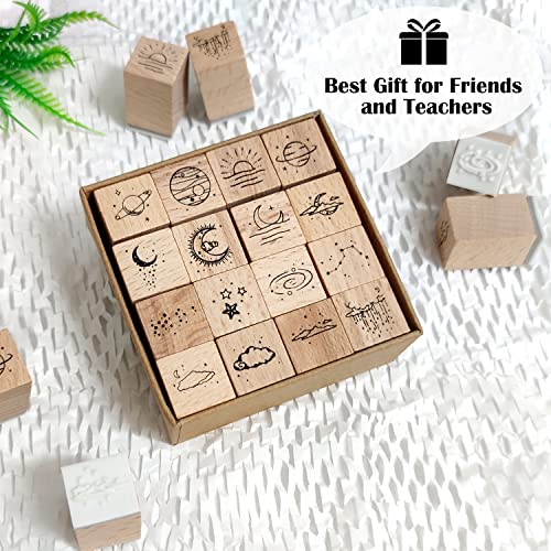 Vtapliea 32pcs Wood Rubber Stamps Set Sun & Moon Decorative Rubber Stamp for DIY Craft, Card Making, Scrapbook, Diary, Letter, Birthday Cards