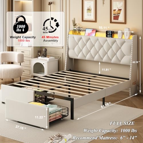 Beige Full Size Bed Frame with Storage