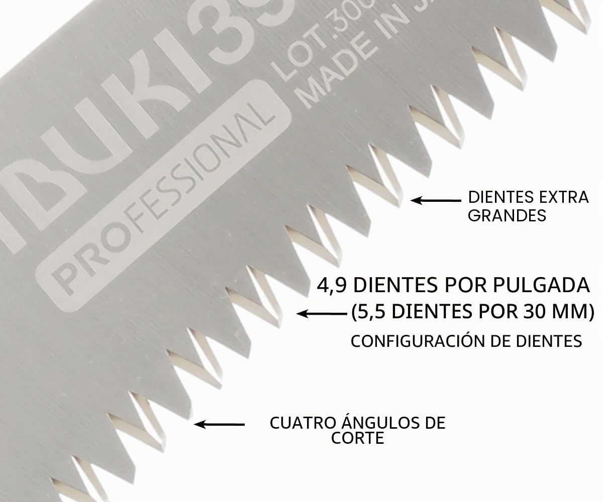 Sierra de mano profesional Silky Ibuki, hoja Hayauchi de 390 mm muy curvada, dentado Mirai-Me (5,5 dientes/30 mm), reafilable, para cortes muy rápidos y limpios con poco esfuerzo.