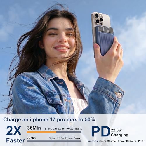 Image of Energizer 22.5W Fast Charging Wireless Power Bank 10000mAh, 15W Qi Wireless, USB-C PD + QC Output, Compact Portable Charger for iPhone, Samsung, Android | Travel Friendly | 1 Yr Warranty | Blue