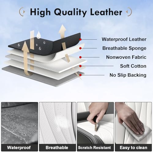Image of Coverado Seat Covers Full Set, Leather Car Seat Covers, Waterproof Seat Covers for Cars, Front and Back Seat Covers, Car Seat Protectors Car Seat Cushions Universal Fit for Most Cars, Gray&White