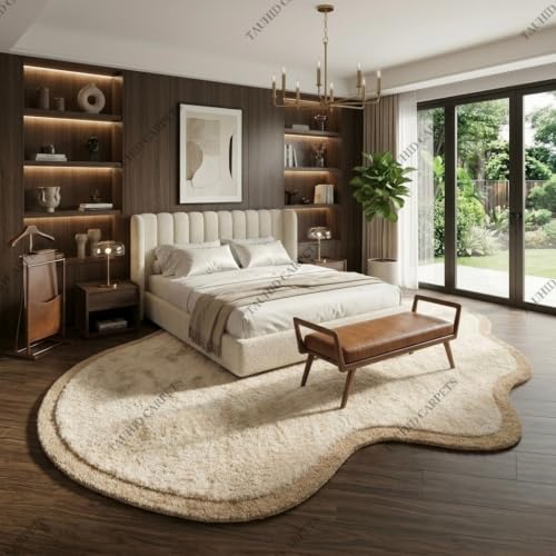 Image of Tauhid Carpet Modern Irregular Shape Shaggy Rug | Super Soft Microfiber Area Carpet for Living Room, Bedroom Designer Cloud Shape Ivory with Beige Border 6 x 8 Feet.