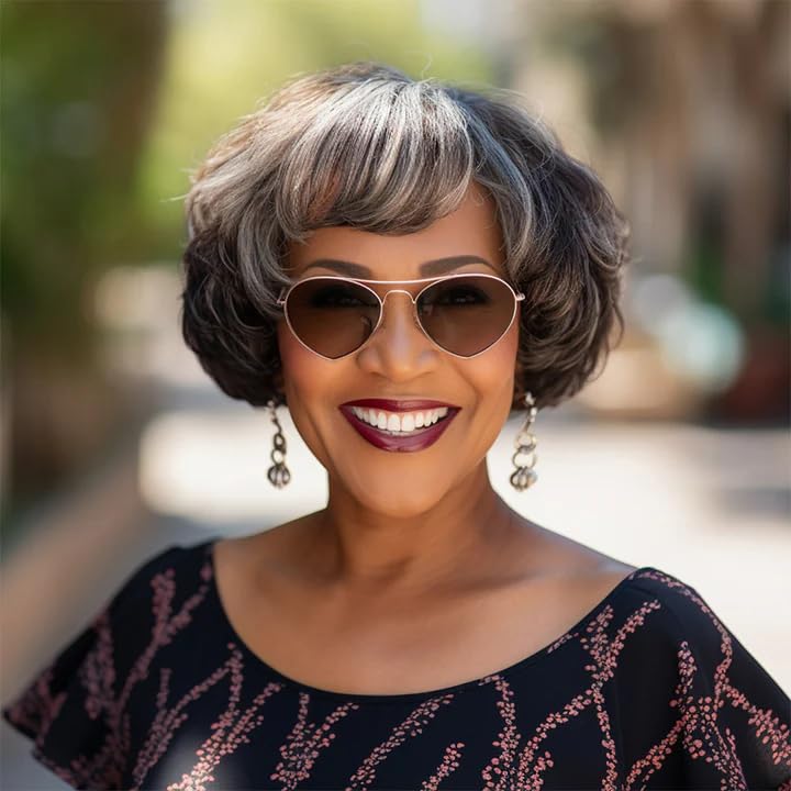 soul lady Bob Wig For Mom Black And White Mix Color Short Wavy Hair Glueless Human Wigs With Bangs Wear and Go Bob Wig Non Lace Bob Wig Human Hair with Bangs Wigs 6 Inch