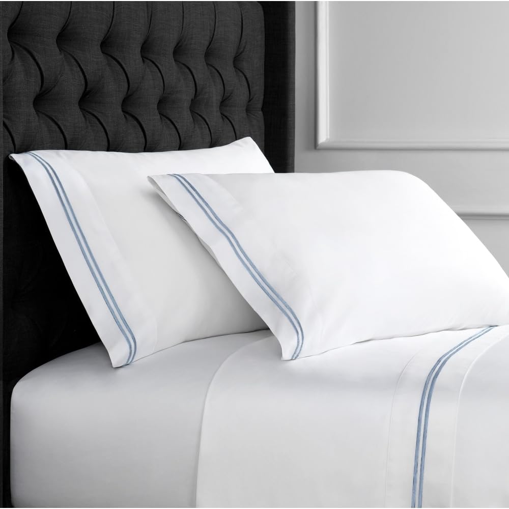 TRP 4 Piece 600 Thread Count Casual Cotton Bed Sheets Queen Size Pretty Light Blue Intricated Stripe Embroidered