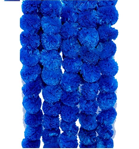 Image of Artificial Marigold Flowers | Genda Phool for Decoration | Genda Phool Mala | Marigold Garland (5 Pieces) (Blue)