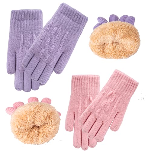 2 Pairs Kids Winter Knit Gloves Boys Girls Warm Thermal Cable Knitted Gloves 2-6-10-14 Year Wool Fleece Lined Mittens