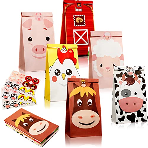 30 Pack Farm Birthday Party Supplies Goody Bags Farm Theme Birthday Decorations Farm Favor Bags Farm Animal Birthday Bag Candy Bags Barnyard Treat Gift Bags for Kids Classroom Baby Shower, 6 Designs