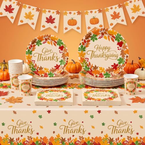 101 Pcs Thanksgiving Plates and Napkins, Maple Leaf Thanksgiving Paper Plates Napkins Cups Tablecloth Set, Disposable Give Thanks Dinnerware for Autumn Harvest Thanks Giving Party Decorations Supplies - image 4