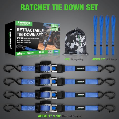 Image of Retractable Ratchet Straps (4-Pack) - 1 Inch x 10 Feet (1,650lb Break Strength) - Heavy Duty Auto Self Retracting Tie Down Straps for Motorcycle, ATV, UTV, Truck, Cargo Trailer - Blue
