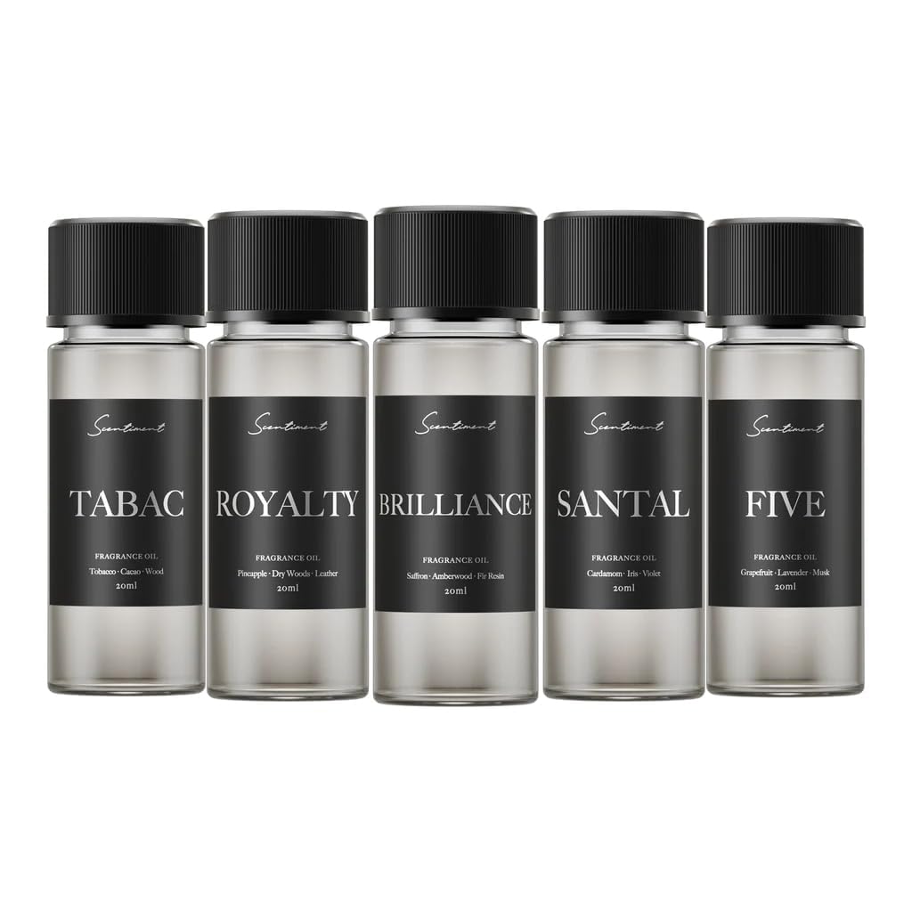 Scentiment Designer Diffuser Oils – Santal (Sandalwood), Tabac (Tobacco & Cacao), Brilliance (Saffron & Amber), Royalty (Pineapple & Leather), Five (Citrus & Musk) – 5 Pack, 0.68 fl oz (20 mL)