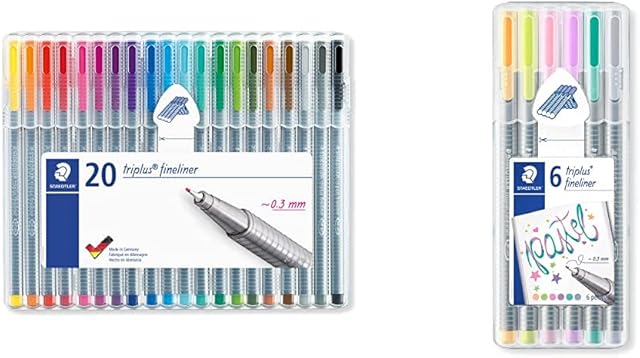 Staedtler 334 SB20 0.3 mm Triplus Fineliner Pen - Assorted Colours (Pack of 20) & Triplus Fineliner 334 SB6CS1 Desktop Box - Assorted Pastel Colours (Pack of 6)