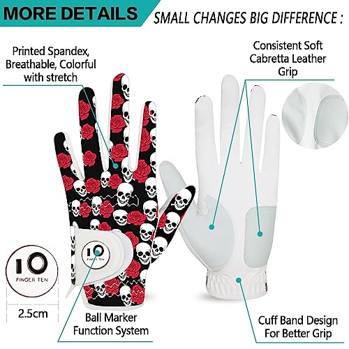 FINGER TEN Golf Gloves Men Left Hand Right Leather With Ball Marker Printed Grip 2 Pack - Image 2