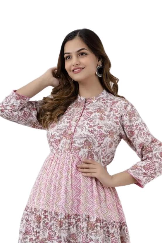 Women's Floral Print Tiered Maxi Dress, 3/4 Sleeve, Empire Waist, Sage Green with Pink Flowers-image-36