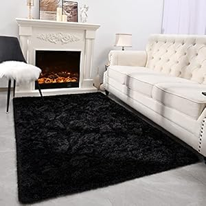 Espiraio Black Shaggy Rugs for Bedroom Living Room, Super Soft Fluffy Fuzzy Area Rug for Kids Baby Nursery, Modern Indoor Plush Carpet for Home Decor, 5×8 Feet Floor Furry Rugs for Children Dorm Rug