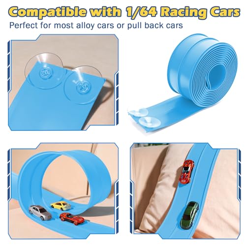 Image of Flexible Race Track for Kids Flexible Car Track 15Ft Race Track Compatible with Diecast 1 /64th Cars, Flex Tracks Roll Up Car Ramp Toy with Strong Suction Cups
