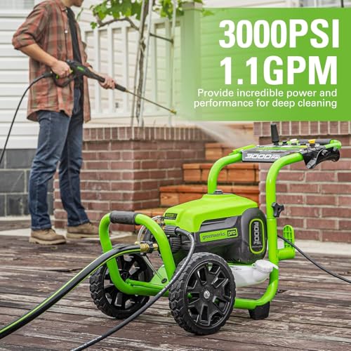 Image of Greenworks Pro Brushless 3000 PSI (CSA Certified) 2.0 GPM Max / 1.1 GPM Electric Pressure Washer (Foldable Handles, Rugged Steel Frame, 25 FT Hose, 35 FT GFCI Power Cord) + Car Wash Pods (12 Count)