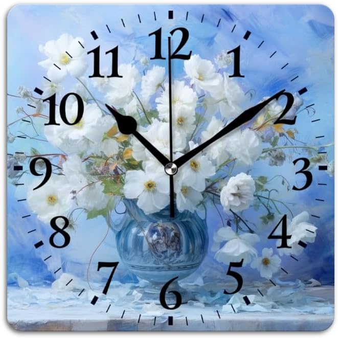 Quartz Wall Clocks Non-Ticking Silent Battery Operated Modern Wall Clocks Decorative for Home,Bedroom-White Flowers in Vase Against Blue Background(16inch)
