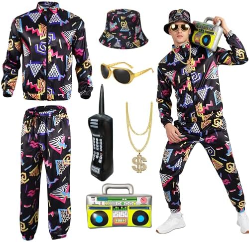 YAEGIMHT 80er 90er Outfit Herren Damen mit Accessoires, Trainingsanzug Kostüm mit Sportjacke Hose Hip-Hop Accessoires Aufblasbares Telefon Lautsprecher Retro 80er 90er Hip Hop Outf