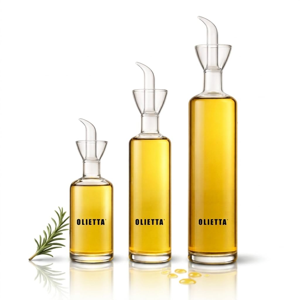Olietta Clear Oil Dispenser Borosilicate Glass Olive Oil Bottle Multipack Bundle - 3 Bottles - 500Ml, 250Ml, 125Ml - Non Drip Dispenser - Leak Proof Pourer Vinegar Drizzler