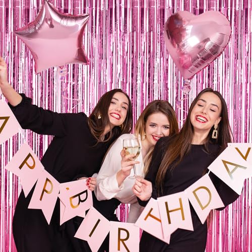 Image of RUBFAC 2 Pack Pink Foil Fringe Curtains Party Decorations Tinsel Metallic Streamers Photo Booth Streamer for New Year Decorations Bachelorette Wedding Engagement Baby Shower Birthday Holiday