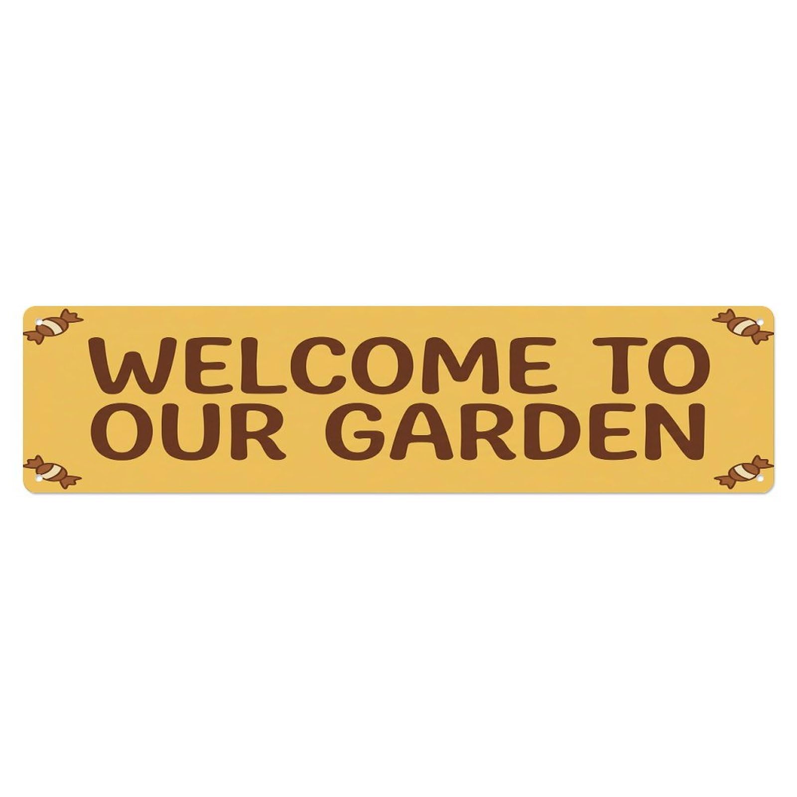 Vintage Welcome to Our Garden Butterscotch Metal Tin Sign