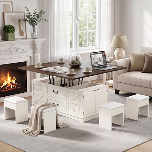 Homiflex Farmhouse Lift Top Coffee Table with 4 Stools, 47'' Antique White