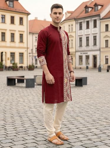 Image of Men's Jamdani Printed Kurta Pajama Set | Pure Cotton Ethnic Kurta with Mandarin Collar & Dupion Silk Pyjama | Festive & Weddings 303A12A 303SB12B(M XXL)