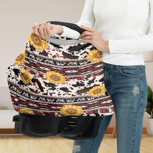 Image of Binienty Sunflower Geometric Stretchy Car Seat Cover Canopies for Babies, Brown Cow Print Multi Use Shopping Cart /High Chair /Breastfeeding Cover