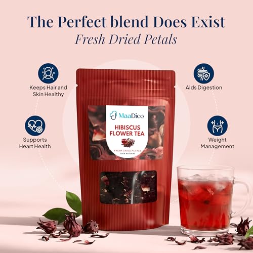 Image of Maadico 100% Fresh Premium Dried Hibiscus Tea, 50 Gms | Herbal Tea Petals | Antioxidant Rich Hibiscus Tea Leaves for Heart Health & Digestion | Boosts Immunity | Helps In Managing Hypertension |