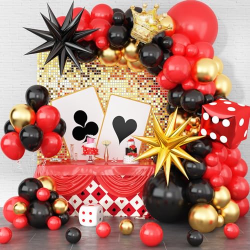 Guirlande de ballons, en latex, rouge, noir, doré, avec cube couronne, Starburst, pour casino, nuit, Las Vegas, anniversaire, décoration de fête