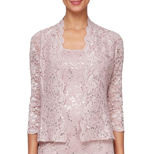 Image of S.L. Fashions Women's Tea Length Sequin Lace Mother of The Bride Dress with Illusion Sleeve Jacket