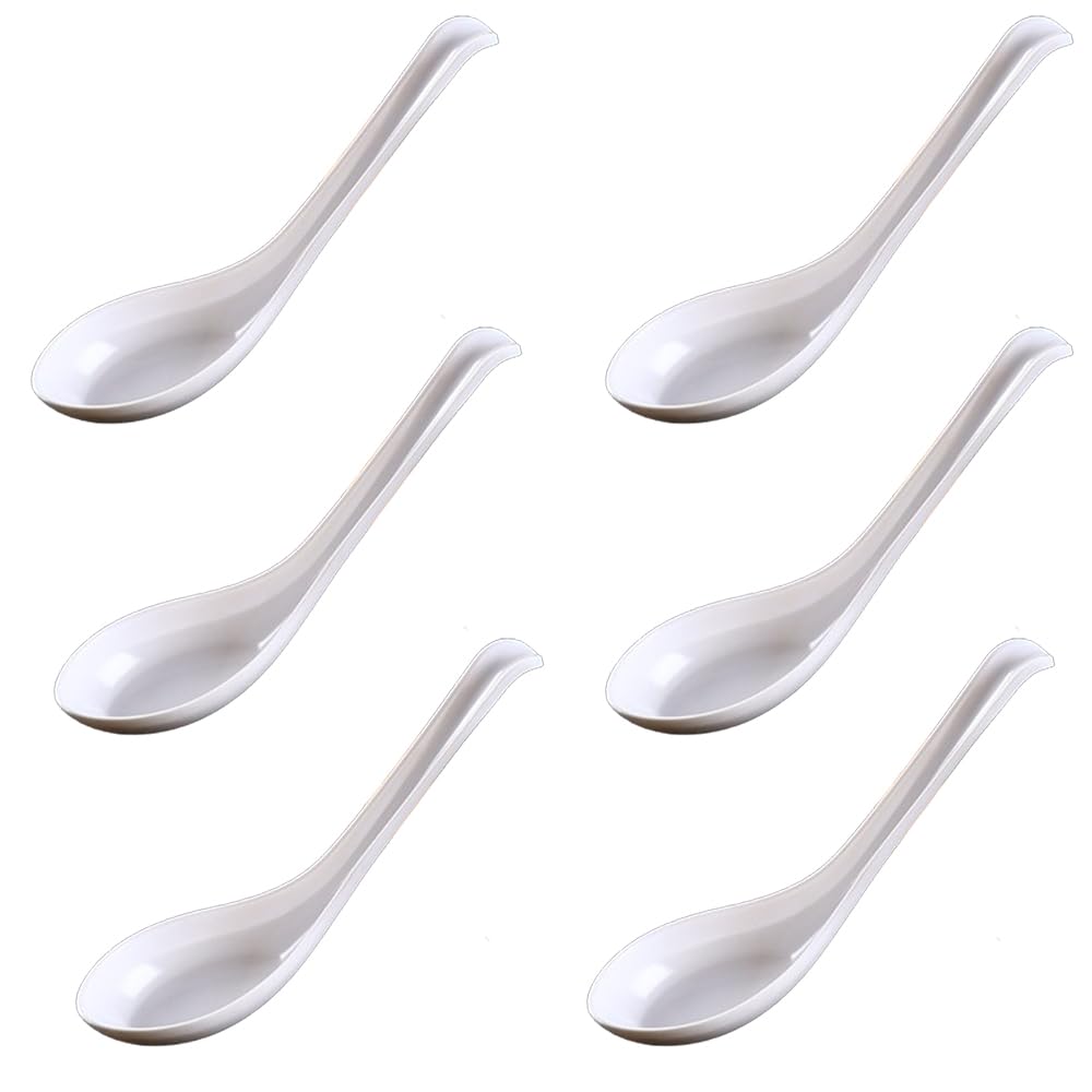 Rice Spoons Ramen Noodle Soup Ladle Red Soup Spoons Serving Spoons Chinese Won Ton Soup Spoon Asian Plain Style Soup Spoons (6, White)