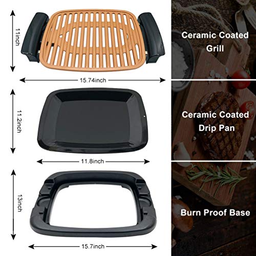 Nonstick Electric Indoor Smokeless Grill - Small BBQ Grilling with Recipes, Fast Heating, Adjustable Thermostat, Easy to Clean, 16\" x 11\" Square Nonstick Griddle with Oil Drip Pan