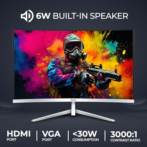 Image of Foxin Elite 27 inch Curved LED Monitor, FHD 1080p, 100Hz, 5ms, Frameless, HDMI /VGA, 2800R Curve, Anti-Glare, 250 cd /m, sRGB, Bezel-Less, Built-in Speakers with Strong Metal Stand