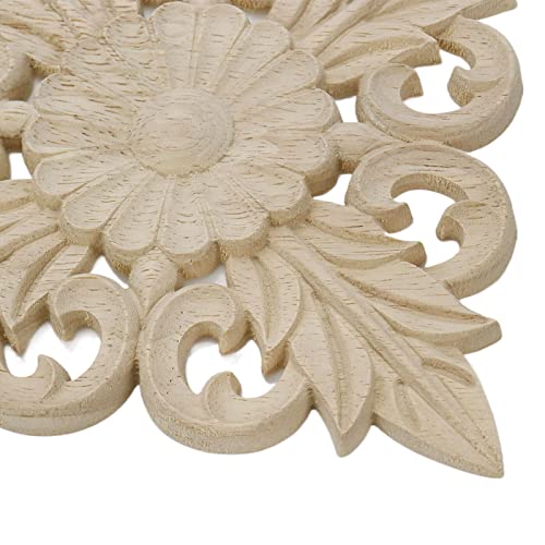 Tsnamay 2Pcs Unpainted Rubber Unfinished Wood Square Flowers Carved Appliques For Cabinet Door Mirror Bed Wall Furniture Decoration,4 Leaves #TOP3