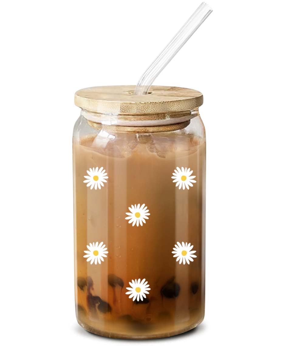 NewEleven Glass Cups With Bamboo Lids and Straws For Coffee, Boha Tea, Smoothies, Cocktail - Iced Coffee Glass Cup, Reusable Boba Cup - 16 oz Coffee Glass