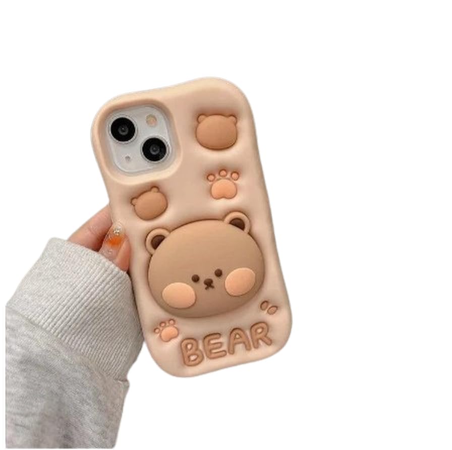 Image of MIDOS Back Cover iPhone 15 Soft Silicone 3D Cute Cartoon With Holder Full Protective Case Compatible With iPhone 15 (Bear), Black