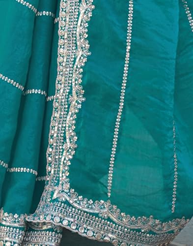 Image of SIRIL Women's Shimmer Chiffon Scalloped Border Sequins Embroidery Saree With Unstitched Blouse Piece