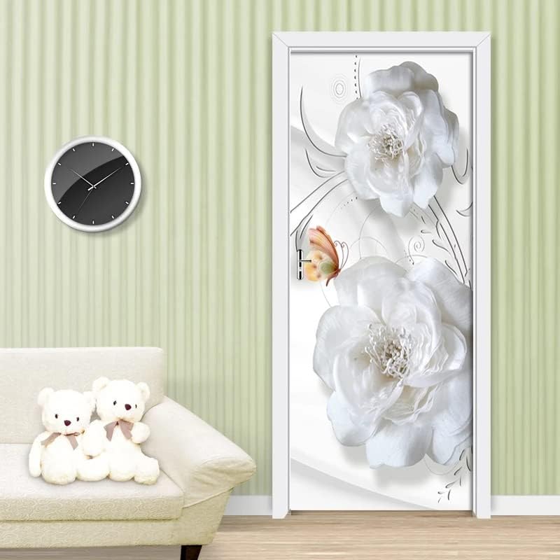 Miniatura 2 de Mural adhesivo 3D para puerta, patrón floral blanco, impermeable, extraíble, 30.3 x 78.7 pulgadas