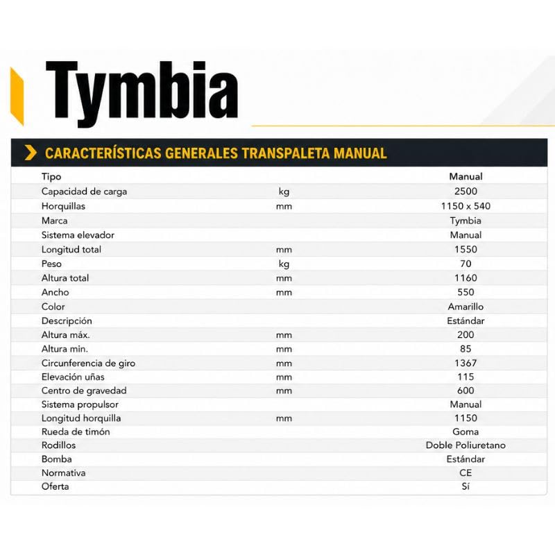Transpaleta Manual TYMBIA 2500kg de Capacidad, Horquillas 1150x540mm, Ruedas de Goma y Rodillos Dobles de Poliuretano (se Entrega con timón desmontado).