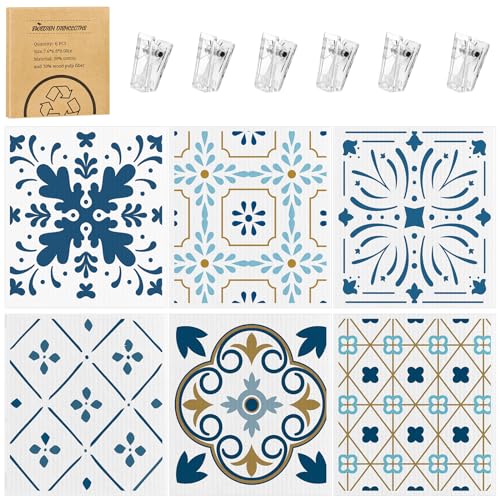 6 Pack Swedish Dishcloths for Kitchen,Swedish Rags Dish Towels with Clips, Reusable Paper Towels Washable Absorbent Cellulose Sponge Cloths No Odor for Cleaning Home Kitchen(Blue)
