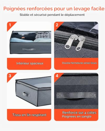 VEVOR Sacs de Rangement sous Lit 4 Pièces 90 L, Organisateur de Chaussures sous le Lit avec Couvercles Transparents, Boîte de Rangement pour Vêtements, Couvertures, Chambre à Coucher, Maison, Gris