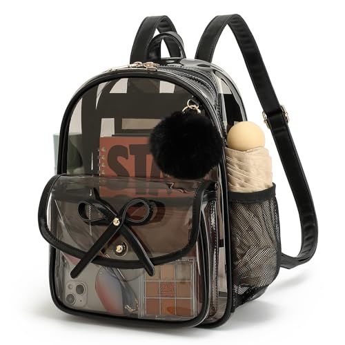 ASKSKY Clear Backpack for Stadium Events 12x12x6 Thick PVC Small Clear Bag with Leather Trim Fashion Women Backpack for Concerts Sports Festivals Work Travel-Black