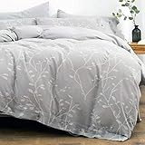 OREISE Duvet Cover Set Full/Queen Size Washed Cotton Yarn, Jacquard Gray and White Thick Branch Pattern Floral Style 3Piece Bedding Set