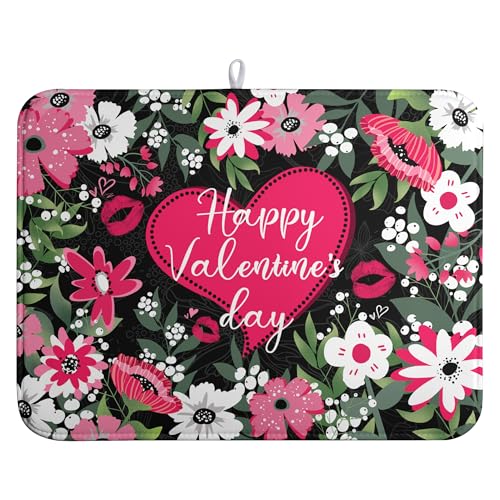 Happy Valentine's Day Dish Drying Mat for Kitchen Counter Valentines Flowers Love Heart Drying Mats Absorbent Reversible Dishes Drainer Mats Microfiber Dish Drying Pad Large Dish Rack Mat 18x24 Inch
