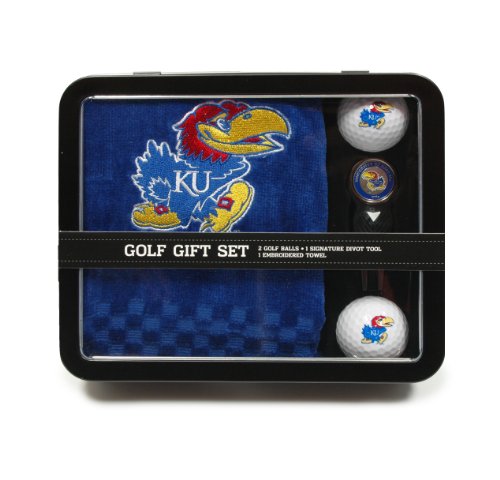 Team Golf NCAA Kansas Jayhawks Embroidered Golf Towel, 2 Golf Balls, And Divot Tool Set Gift Set Embroidered Golf Towel, 2 Golf Balls, & Divot Tool with Removable Double-Sided Magnetic Ball Marker