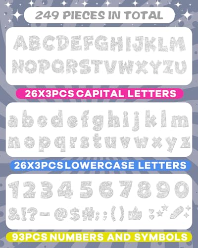 Image of 249 Pcs Glitter Bulletin Board Letters, Numbers and Punctuation 4 Inch | Cut Out Letters for Bulletin Board Decorations, Poster Board Letters Alphabet Cutouts for Classroom Wall Decor (Sliver)