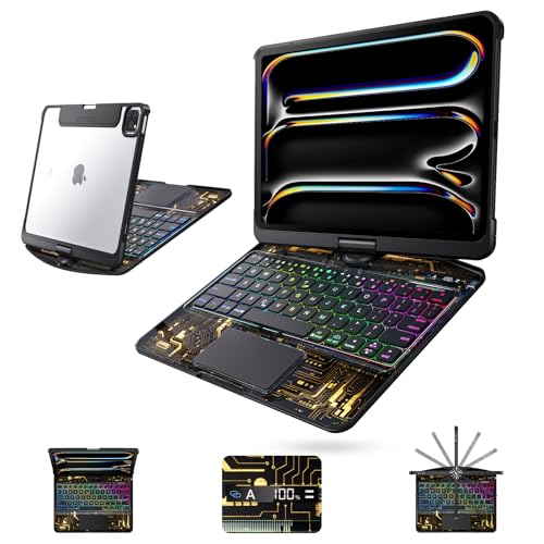 Image of Clear Wireless Keyboard Case for iPad Pro 13 Inch M5 /M4 2025 /2024 with Pencil Holder & Multi-Touch Trackpad, Visible PCB High-Tech Style, 3-Brightness & 7-Color Backlight, 360 Rotatable,Black