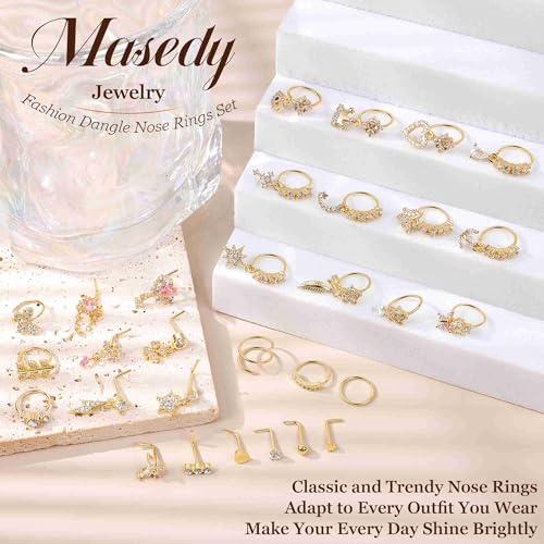 30PCS 20G Gold Dangle Nose Rings for Women L Shaped Nose Studs Dangling Nose Hoop Ring 316L Stainless Steel CZ Hypoallergenic Indian Nose Ring Eye Heart Nostril Piercing Jewelry3