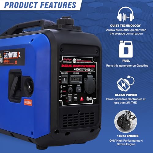 Image of JPT GENWORX 1000W Inverter Generator, 1.0KW Rated, Portable Petrol Generator, Pure Sine Wave for Camping, RV, Outdoor, and Emergency Backup Power